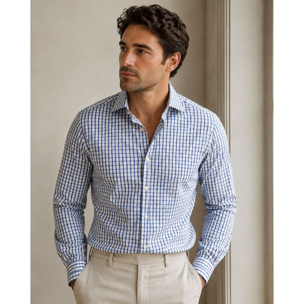 Ledbury Tessitura Monti Men’s Blue Check Cotton Dress Shirt Size M 15/34